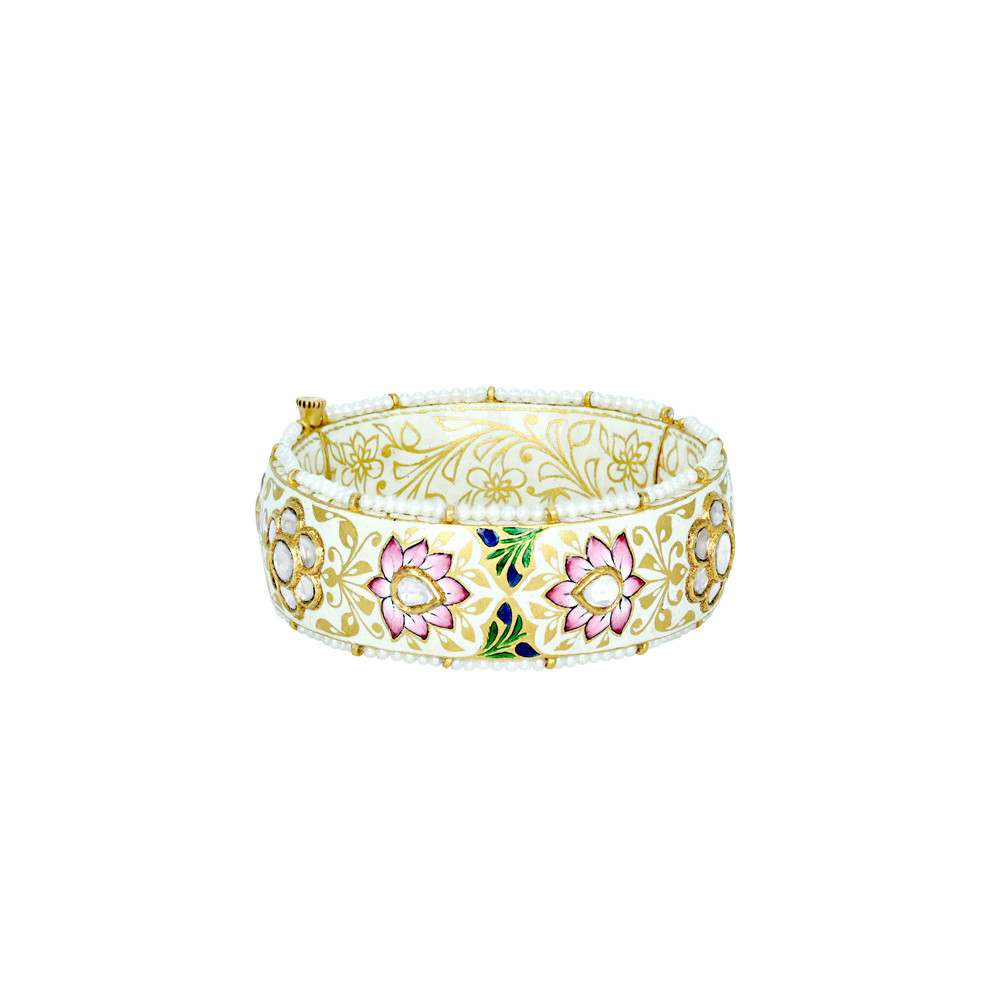 Pink Lotus Enamel Bangle with Polki and Pearl Edges